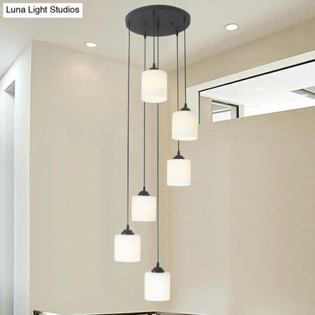 Opal Glass Modern Cylinder Pendant Light With Black Canopy For Stairs