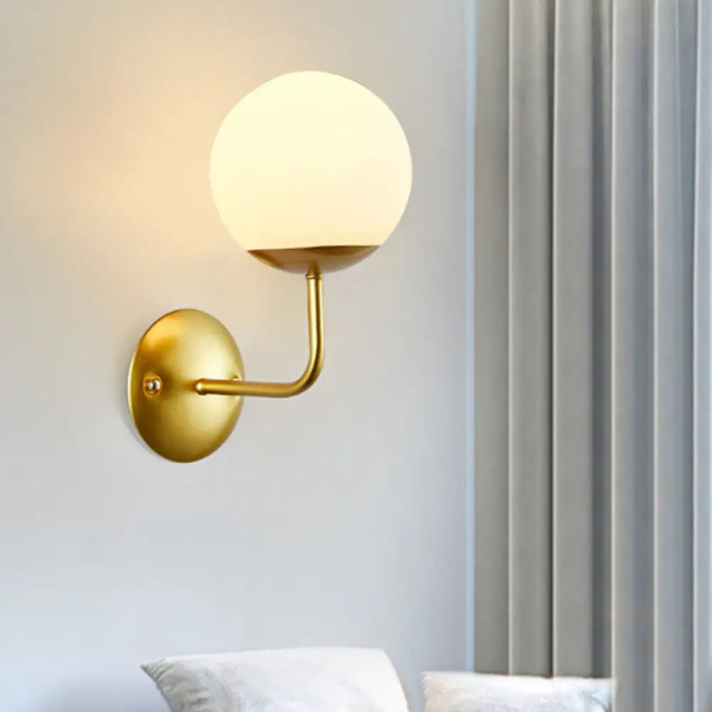 Opal Glass Wall Sconce - Antique Gold Single Light Fixture With Right Angle Arm