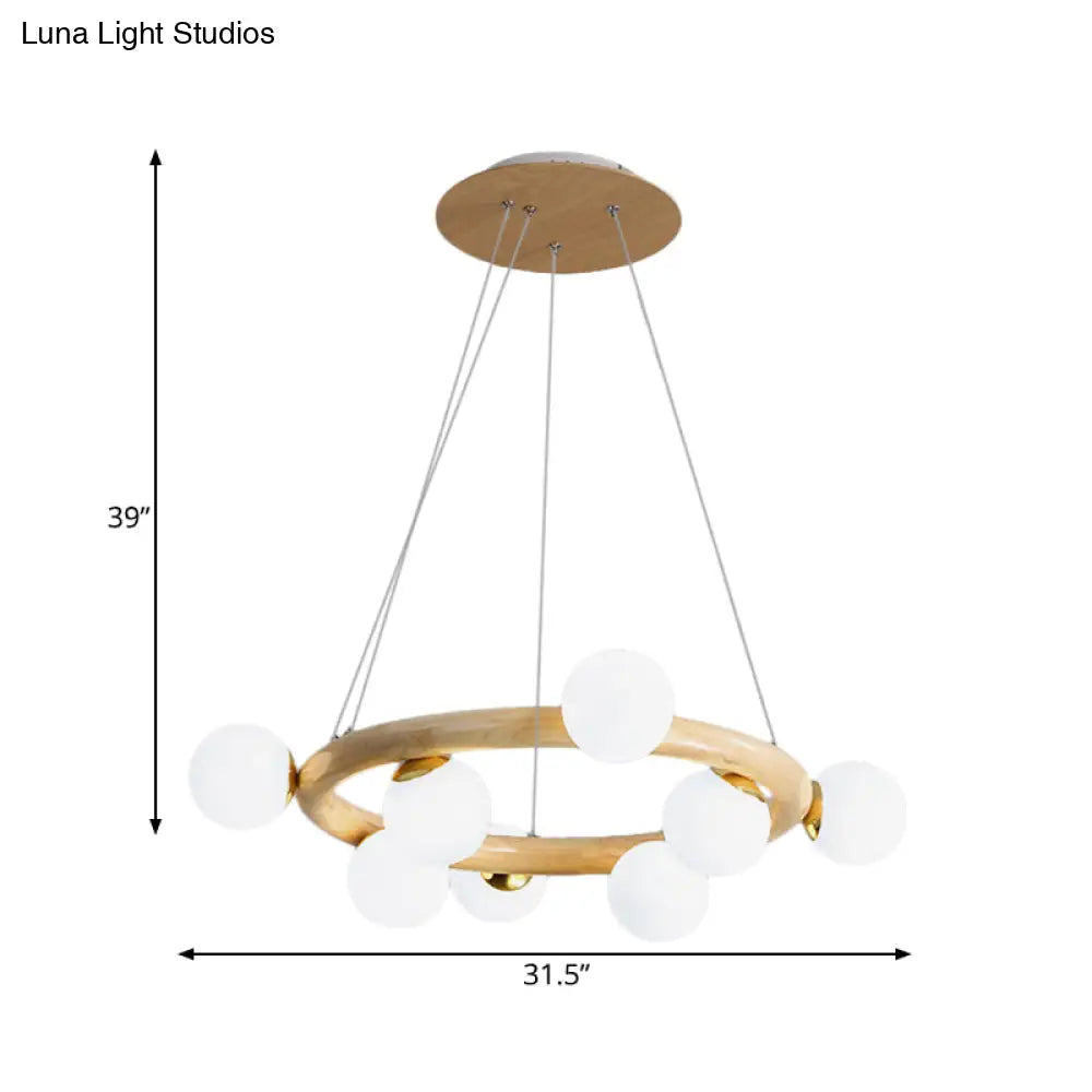 Opal Matte Glass Chandelier With Wood Circle Arm Nordic Design 8 Bulbs Beige Pendant Light