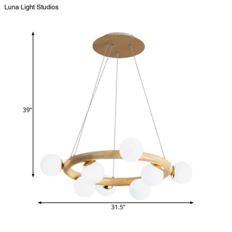 Opal Matte Glass Chandelier With Wood Circle Arm Nordic Design 8 Bulbs Beige Pendant Light