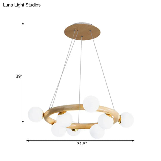 Nordic Opal Matte Glass Chandelier: 8-Bulb Beige Ceiling Pendant Light With Wooden Circle Arm