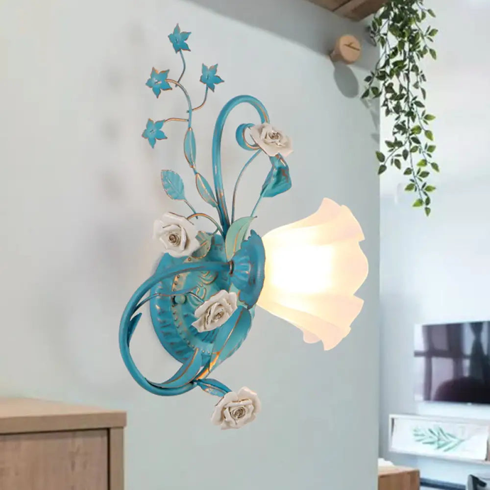 Opal Matte Glass Wall Lamp - Pastel Blue-Pink/Blue-White Scroll Flower Sconce Light (Left/Right)