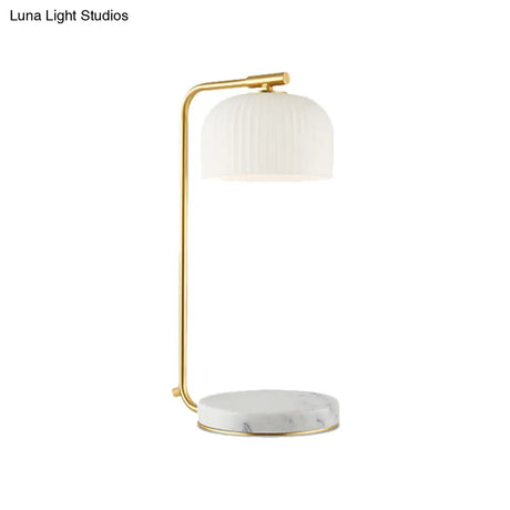 Opal Ribbed Glass 1-Light Nightstand Lamp - Modern Brass Design With Marble Base