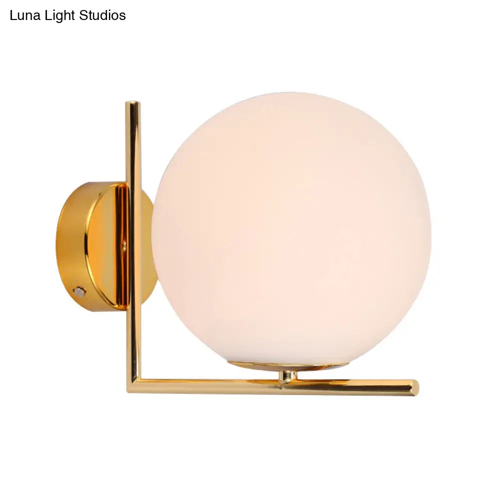 Opaline Glass Ball Wall Lamp With Right Angle Arm In Brass - Minimalist & Elegant