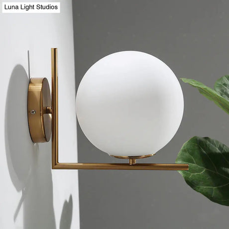 Opaline Glass Ball Wall Lamp With Right Angle Arm In Brass - Minimalist & Elegant