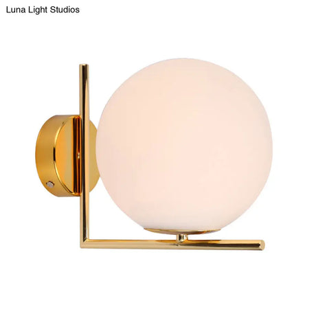 Opaline Glass Ball Wall Lamp With Right Angle Arm In Brass - Minimalist & Elegant