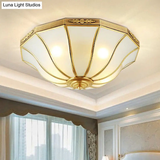 Opaline Glass Bell Shaped Flush Mount Ceiling Light In Brass - Traditional Lamp For Corridors