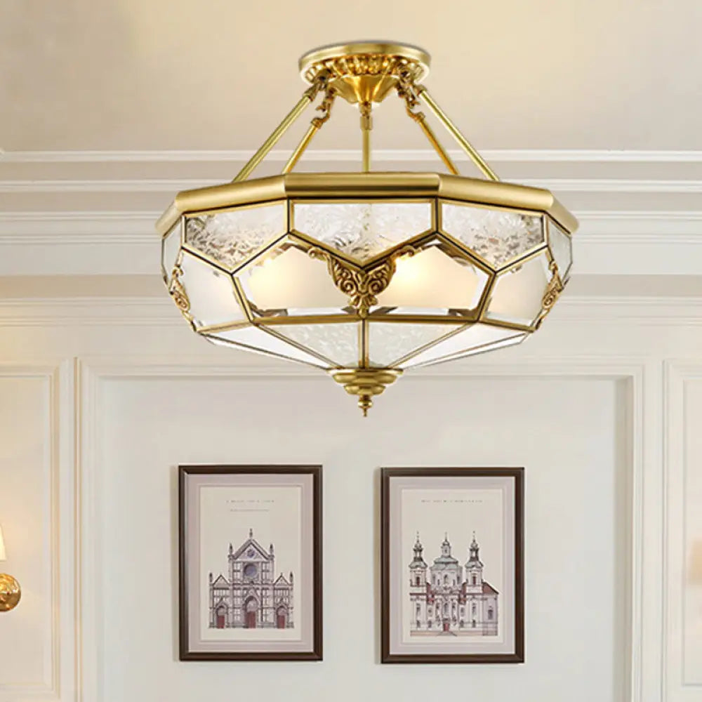Opaline Glass Brass Semi Flush Mount Ceiling Lamp 3/4 Lights Faceted Dome Country Print 14’/18’