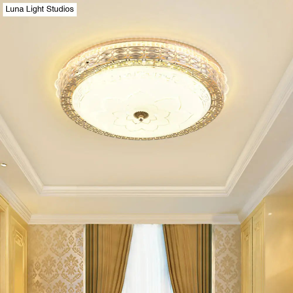 Opaline Glass Drum Flush Mount With Gold Led And Elegant Floral Pattern