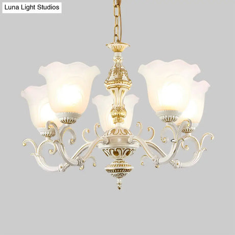 Opaline Glass Flower Ceiling Lamp - Traditional Pendant Chandelier White/Gold 5/7-Light For Drawing