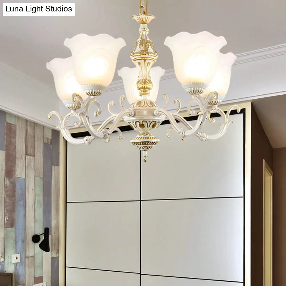 Opaline Glass Flower Ceiling Lamp - Traditional Pendant Chandelier White/Gold 5/7-Light For Drawing