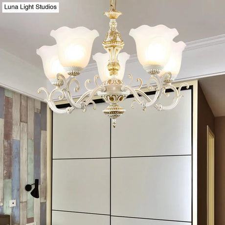 Opaline Glass Flower Ceiling Lamp - Traditional Pendant Chandelier White/Gold 5/7-Light For Drawing