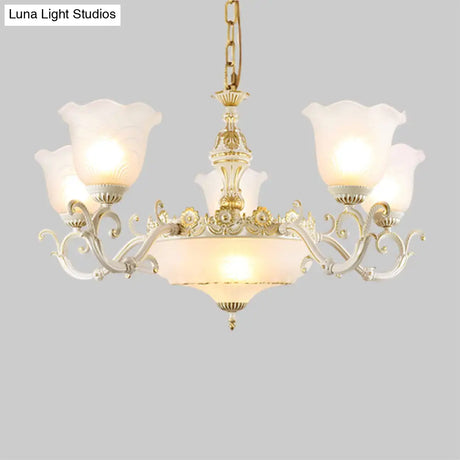 Opaline Glass Flower Ceiling Lamp - Traditional Pendant Chandelier White/Gold 5/7-Light For Drawing