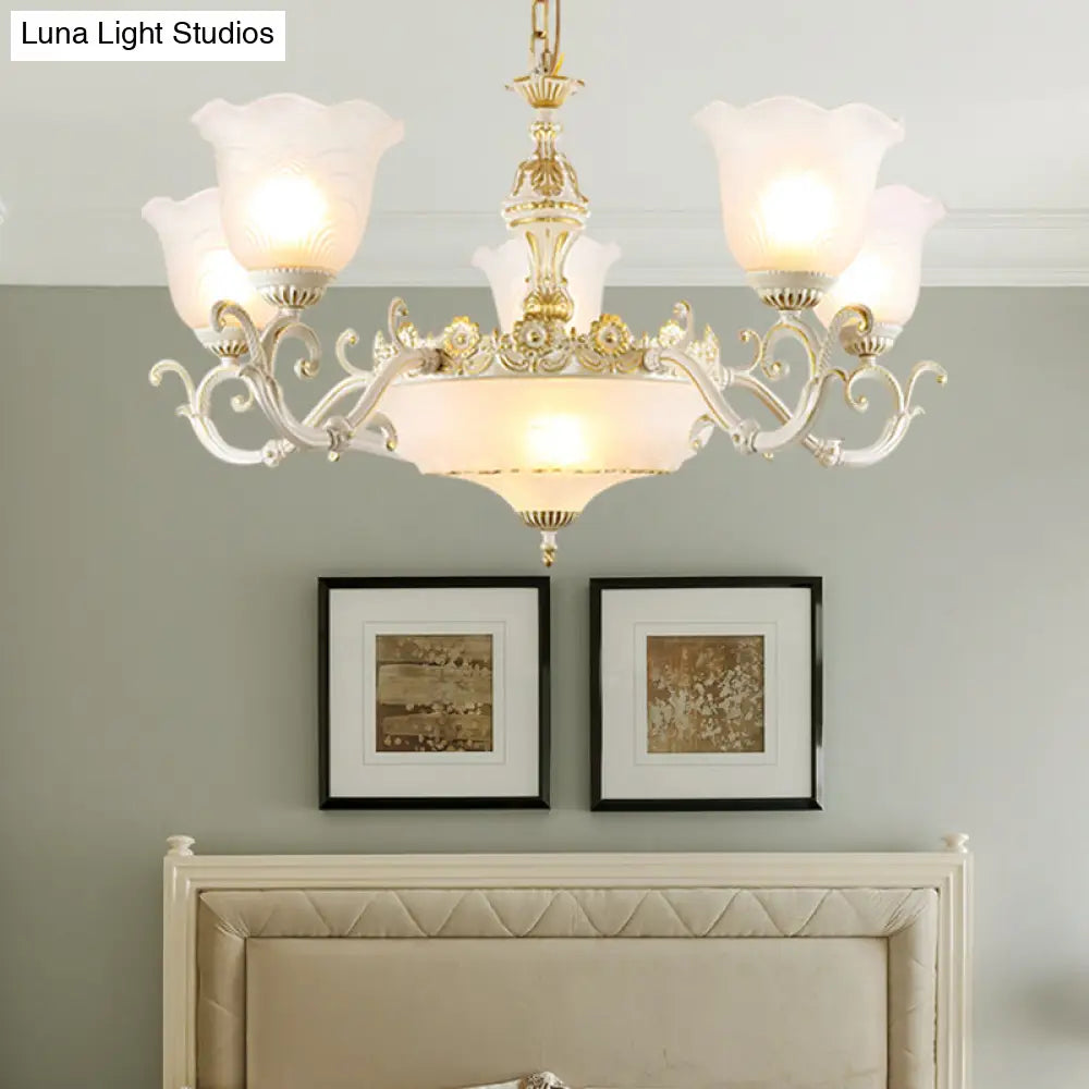 Opaline Glass Flower Ceiling Lamp - Traditional Pendant Chandelier White/Gold 5/7-Light For Drawing