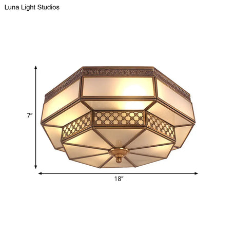 Opaline Glass Octagon Bedroom Flush Mount Light With Colonial Brass Finish - 4 Bulbs Close To