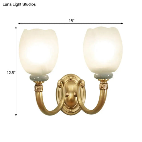 Opaline Glass Petal Wall Lamp: Vintage 1/2-Light Sconce In Brass For Living Room