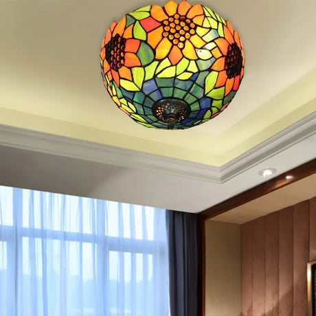 Orange Bowl Stained Glass Ceiling Light Fixture - Splendid Flushmount With Flower Pattern For