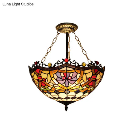 Orange-Purple Stained Glass Semi Flush Ceiling Light - Tiffany Victorian Design For Dining Room