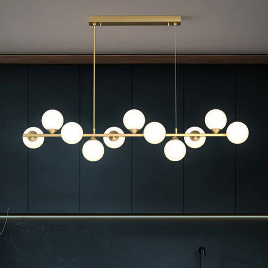 Orb White Glass Shade Island Hanging Light - 11-Light Postmodern Restaurant Lamp Gold