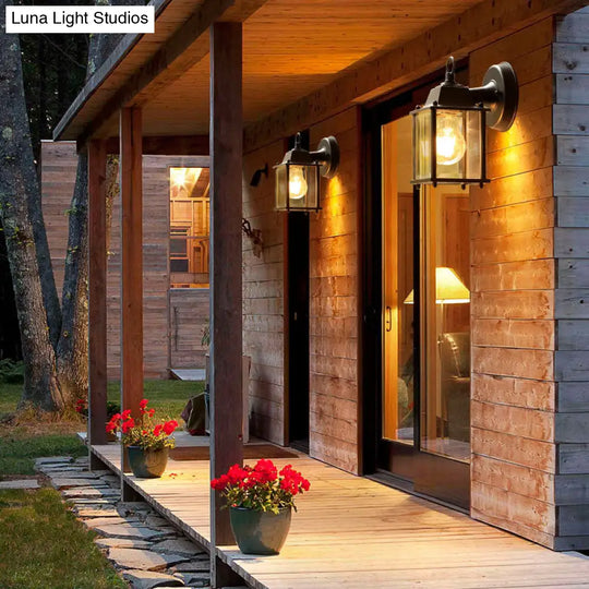 Outdoor Black Rectangular Wall Sconce Lamp With Classic Glass And Single-Bulb