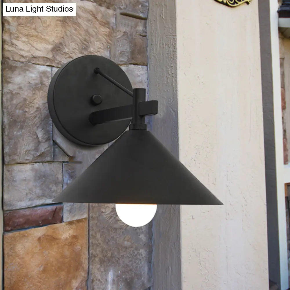 Outdoor Metal Cone Wall Hanging Light: Vintage 1-Light Sconce Fixture In Black/Antique Brass/Silver