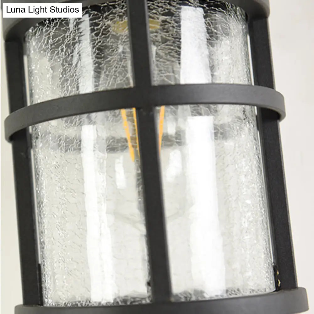Outdoor Vintage Crackle Glass Cylinder Wall Sconce Lamp - 1 Light Black Fixture 6/8 Wide