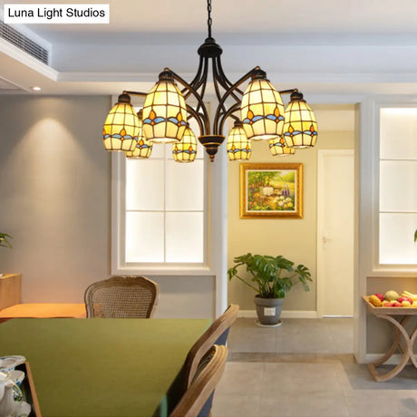 Oval Ceiling Pendant With Magnolia Stained Glass Tiffany Lighting (6/8 Lights) In Beige