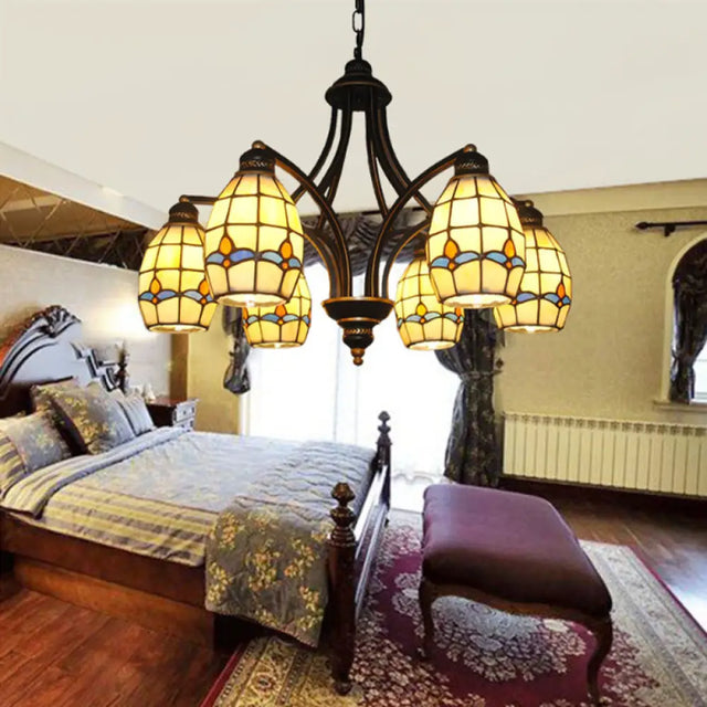 Oval Ceiling Pendant With Magnolia Stained Glass Tiffany Lighting (6/8 Lights) In Beige 6 /