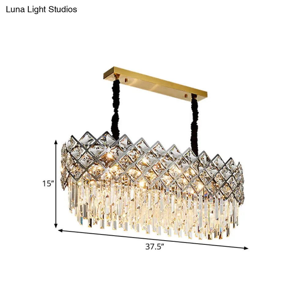 Oval Island Light Fixture With Crystal Prisms - 10 Bulbs Contemporary Design