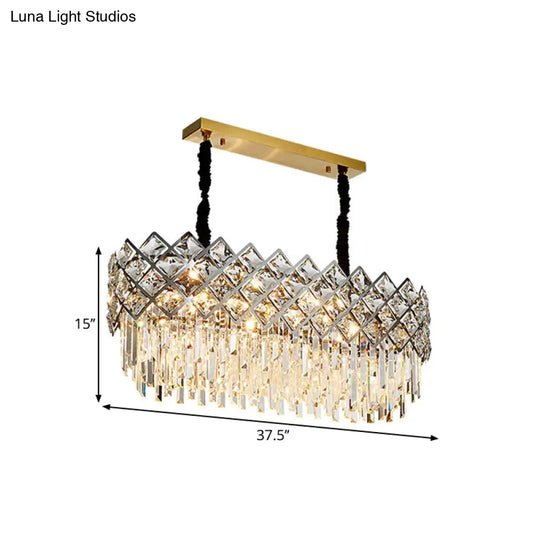 Oval Island Light Fixture With Crystal Prisms - 10 Bulbs Contemporary Design