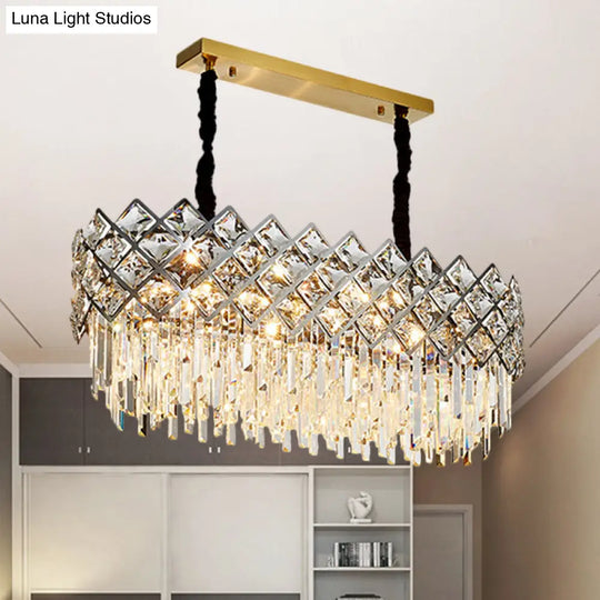 Oval Island Light Fixture With Crystal Prisms - 10 Bulbs Contemporary Design