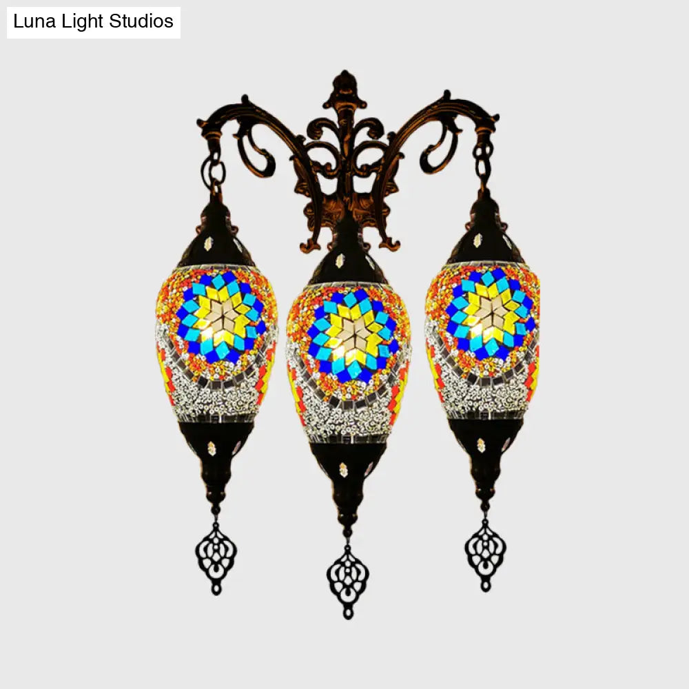 Oval Wall Mounted Lamp: Traditional Stained Art Glass Sconce Light - 3 Heads In White/Red/Light Blue