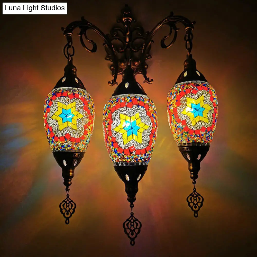 Oval Wall Mounted Lamp: Traditional Stained Art Glass Sconce Light - 3 Heads In White/Red/Light Blue
