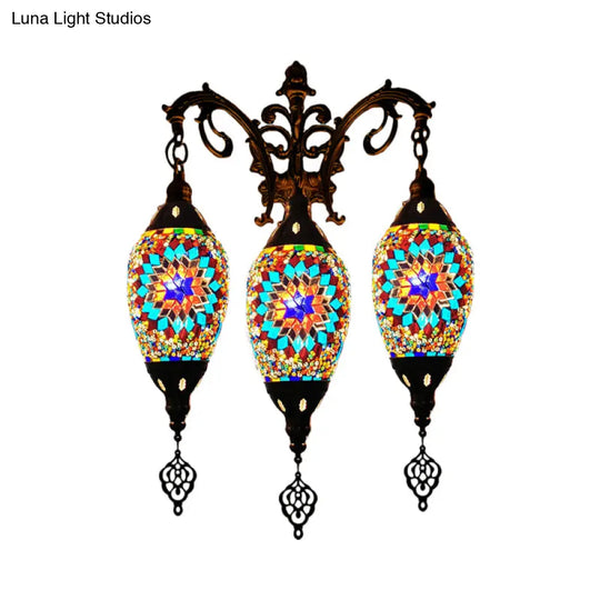 Oval Wall Mounted Lamp: Traditional Stained Art Glass Sconce Light - 3 Heads In White/Red/Light Blue