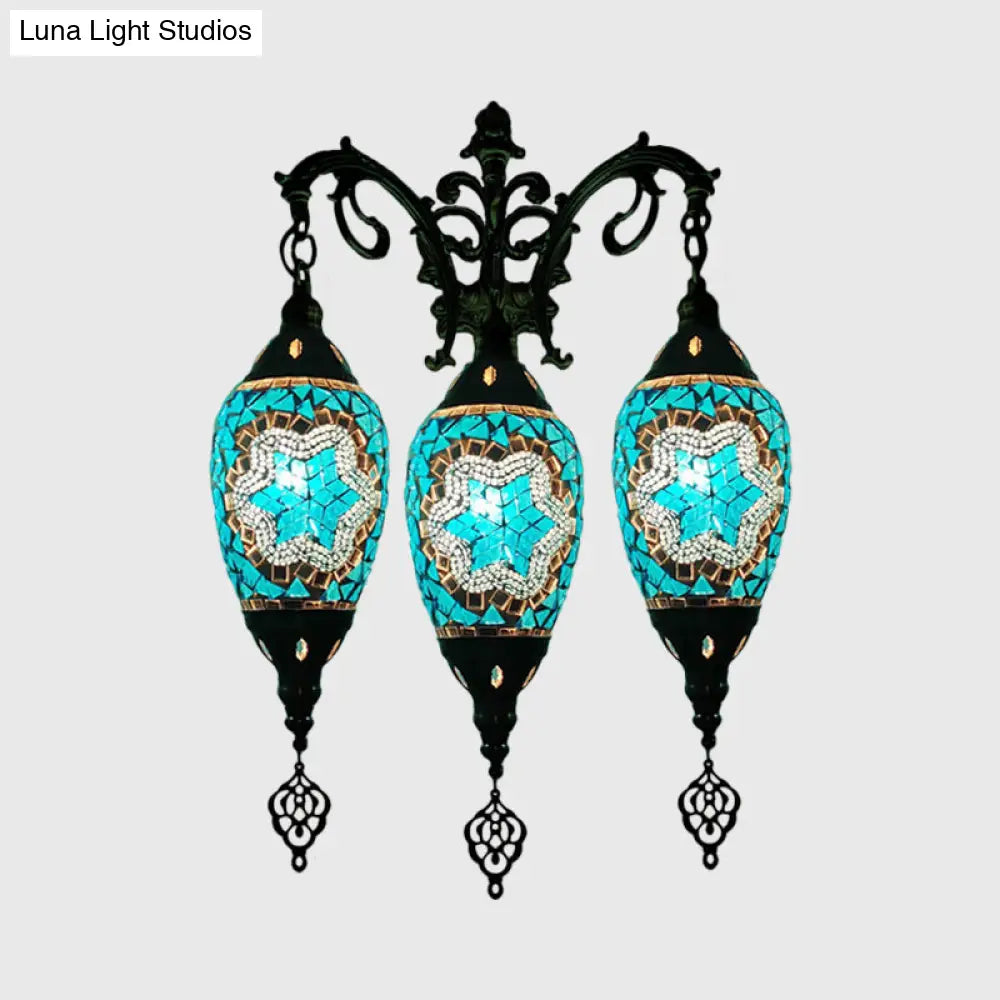 Oval Wall Mounted Lamp: Traditional Stained Art Glass Sconce Light - 3 Heads In White/Red/Light Blue