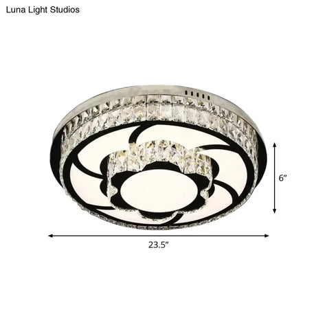 P Stainless - Steel Flushmount Light With Clear Faceted Crystal Shade - Flower/Round Design
