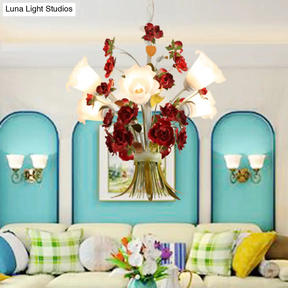 Pastoral Bloom Chandelier Light Metal Led Pendant Lighting (3/6 Bulbs) In White For Bedroom