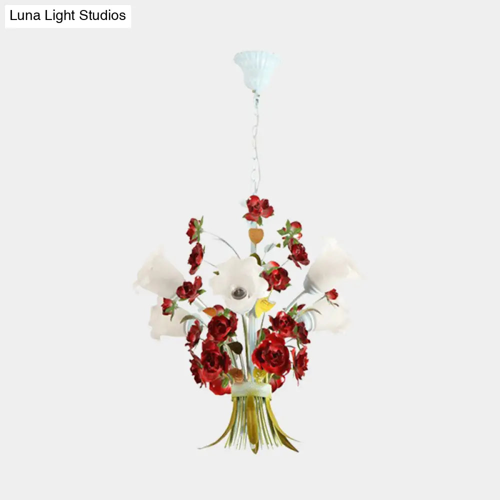 Pastoral Bloom Chandelier Light Metal Led Pendant Lighting (3/6 Bulbs) In White For Bedroom