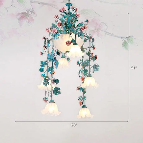 Pastoral Ceramic Flower Chandelier With Opal Glass Shade For Living Room Suspension Lighting 10 /