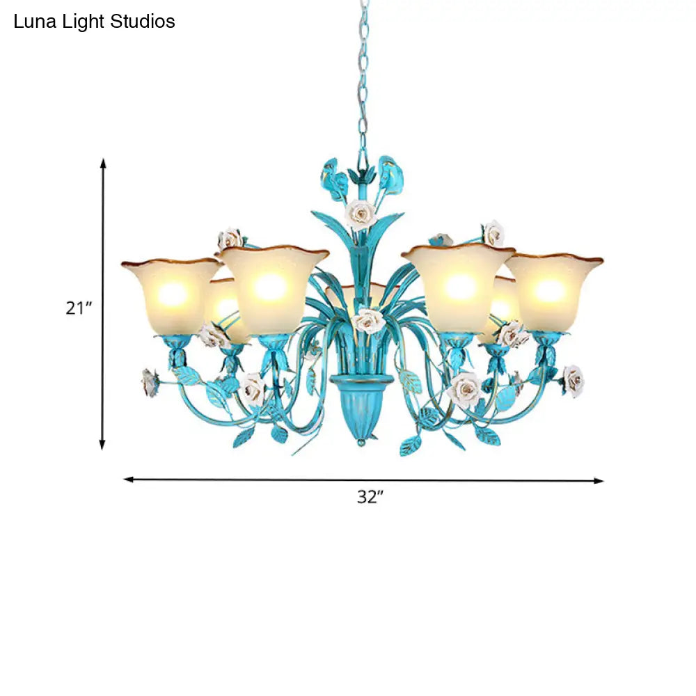 Pastoral Flared Chandelier Pendant Light - Metal Led Suspension Lighting In Blue With Rose Decor