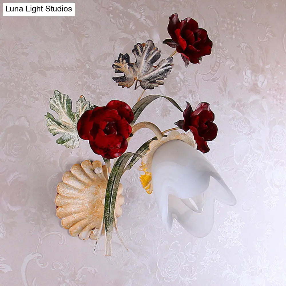 Pastoral Floral Opaline Frosted Glass Wall Sconce In Beige - 1/2-Light Wall-Mounted Fixture