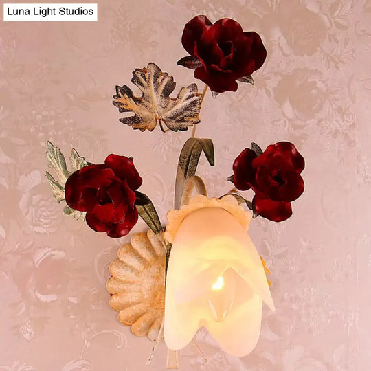 Pastoral Floral Opaline Frosted Glass Wall Sconce In Beige - 1/2-Light Wall-Mounted Fixture