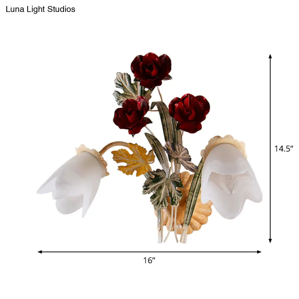 Pastoral Floral Opaline Frosted Glass Wall Sconce In Beige - 1/2-Light Wall-Mounted Fixture
