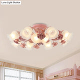 Pastoral Frosted Glass Flush Chandelier: Rose Blossom 7/11 - Head Pink Ceiling Mount Light