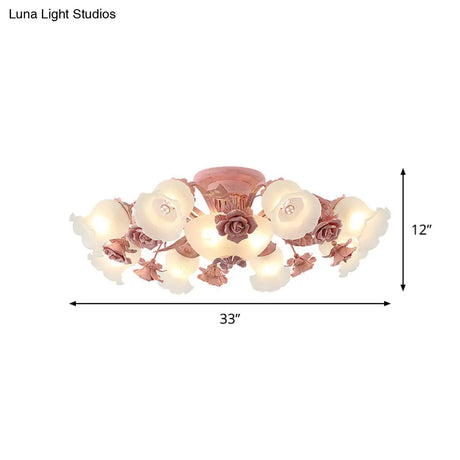 Pastoral Frosted Glass Flush Chandelier: Rose Blossom 7/11 - Head Pink Ceiling Mount Light