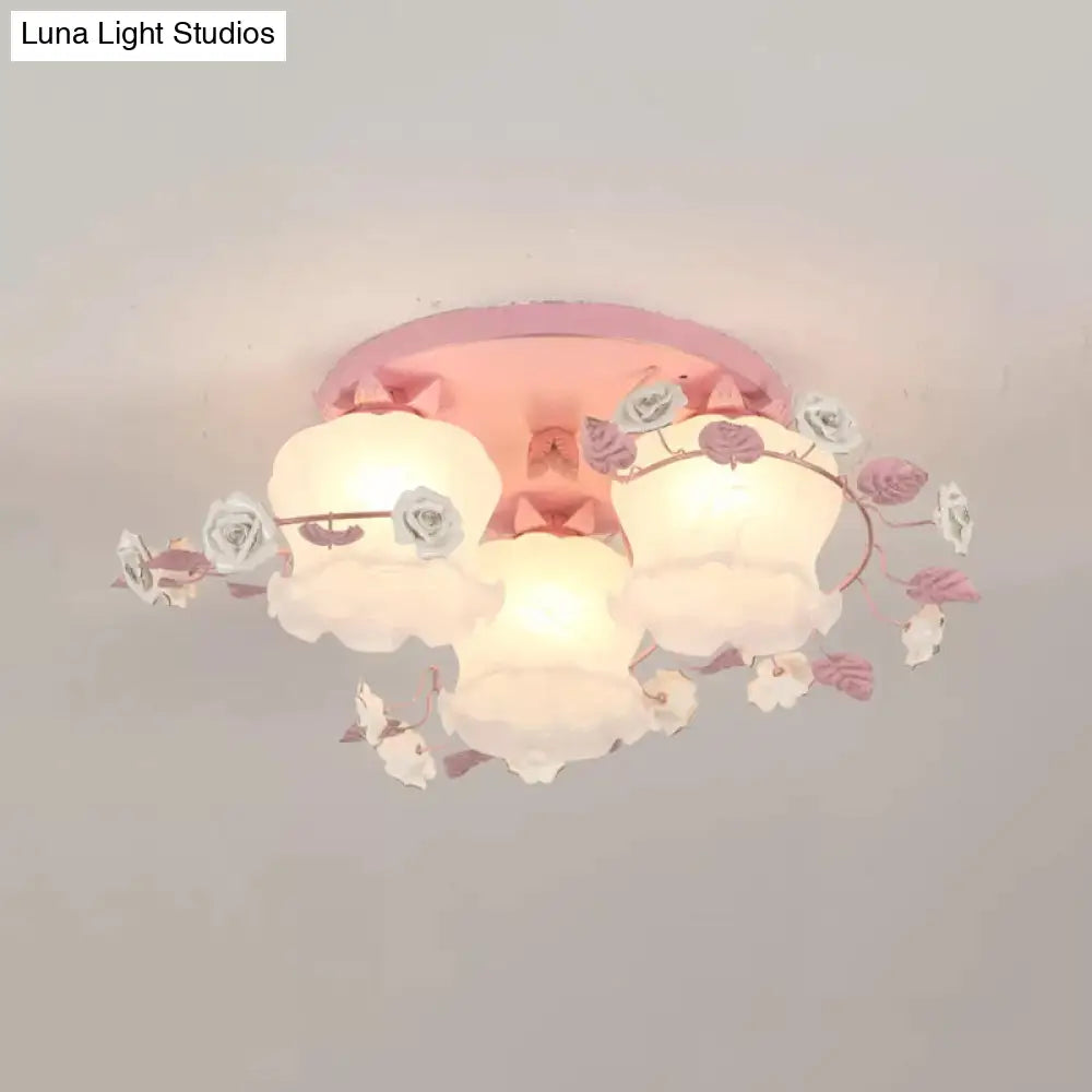 Pastoral Half-Open Flower Ceiling Lamp - 3/5-Light Semi Mount Lighting With Frosted Glass & Rose