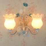 Pastoral Metal Curvy Arm Bedroom Sconce Light: 2-Head Flower Wall Lighting Fixture