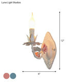 Pastoral Metallic Candle Wall Sconce: Blue/Pink 1-Light Lamp With Flower Deco