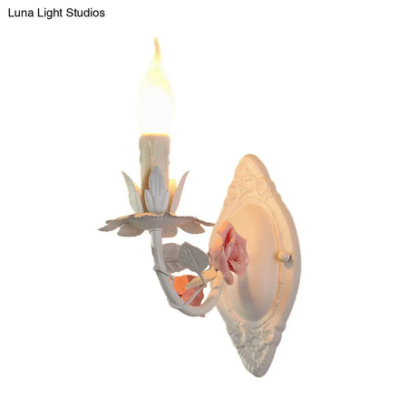 Pastoral Metallic Candle Wall Sconce: Blue/Pink 1-Light Lamp With Flower Deco