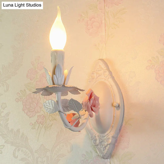 Pastoral Metallic Candle Wall Sconce: Blue/Pink 1-Light Lamp With Flower Deco